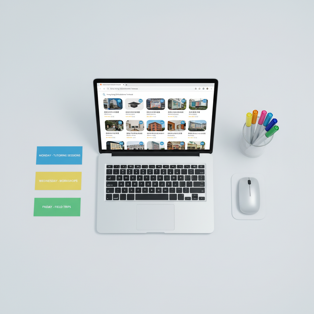 An overhead photographic view of a minimalist white workspace featuring an open laptop displaying a TT Tree search results page filled with neatly arranged tiles of Hong Kong educational venues, each with small thumbnail photos and icons. Around the laptop are color-coded schedule cards, a slim grey wireless mouse, and a transparent acrylic cup holding highlighters, all precisely aligned. Cool, even studio lighting creates a bright, balanced atmosphere with almost no harsh shadows, emphasizing clarity and order. The composition uses a top-down, flat-lay style with everything arranged on a pale grey surface, giving a clean, professional SaaS aesthetic that highlights the simplicity and control of managing education bookings online.