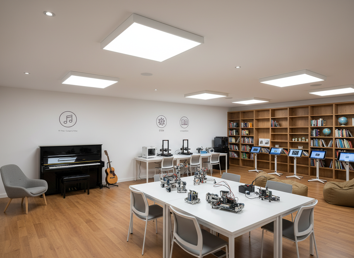 A modern, multi-purpose education venue interior that smoothly blends a small music corner with a polished wooden floor and a black upright piano, a STEM zone with sleek white tables and neatly arranged robotics kits, and a language corner with bookshelves and tablets on stands. Discrete signage on the wall shows icons for different subject types, echoing a TT Tree category filter. Soft overhead LED panel lighting provides even, neutral illumination, while accent spotlights create subtle highlights on key areas. The photographic composition is shot from a slightly elevated corner of the room, using a wide angle to show the variety of spaces in one frame, with a professional, versatile mood that showcases the diversity of venues available for booking.