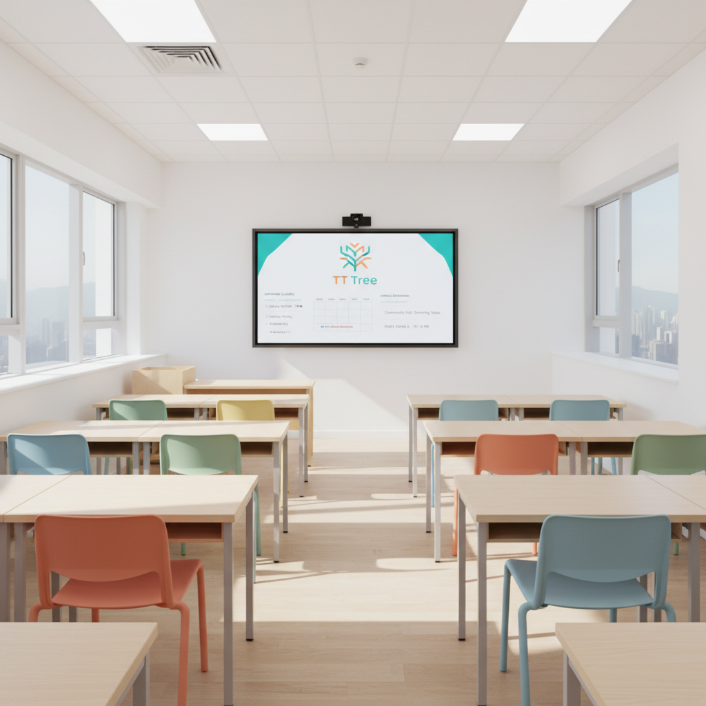 A bright, well-organized classroom interior with clean white walls, light birch desks, and ergonomic plastic chairs in soft pastel tones, arranged in neat rows. At the front, a large digital screen displays the TT Tree logo and a clean calendar interface showing upcoming classes and venue bookings. Sunlight filters through tall windows with a view of a subtle Hong Kong skyline silhouette outside, casting gentle, natural light across the room and highlighting the smooth textures of the furniture. The photograph is taken at eye level with a slightly wide angle, capturing the depth of the space while keeping sharp focus throughout, creating a calm, professional, and inspiring atmosphere that reflects modern educational environments connected by the platform.